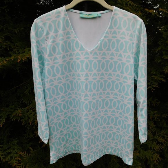 Anthony's Tops - Anthony's Pretty Aqua and White V-Neck Blouse
